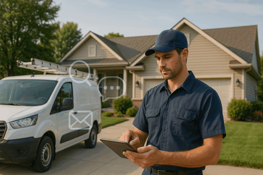 HVAC technician beside service van using a tablet—visualizing digital marketing for HVAC in action.