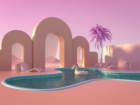 This is a 3D illustration of a unicorn pool float in a swimming pool and three lounge chairs around it.