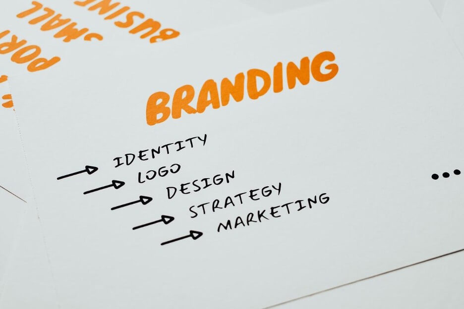 A white piece of paper reads “Branding” written in orange and 5 steps needed to achieve it. Those are: identity, logo, design, strategy, and marketing.