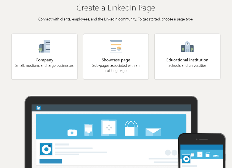 This is an image of the “Create a LinkedIn Page” site with three options to choose from: “company page,” “showcase page,” and “educational institution.”