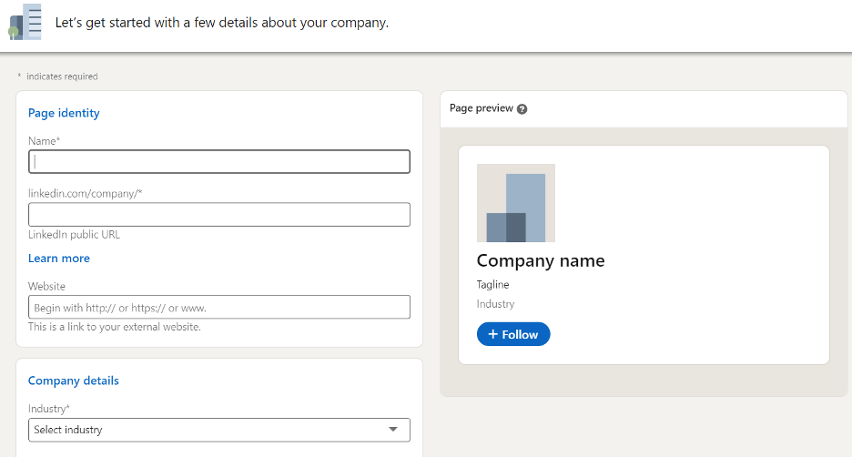 This is an image of the Linkedin Business customization page with “page identity,” “learn more,” and “company details” sections for a company to fill out.