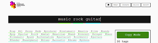 Display Purposes’ website with the keywords music, rock, and guitar used for hashtag research