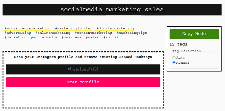 This is an image of the Display Purposes website with the hashtag results of the keywords, “social media,” “marketing,” and “sales.”