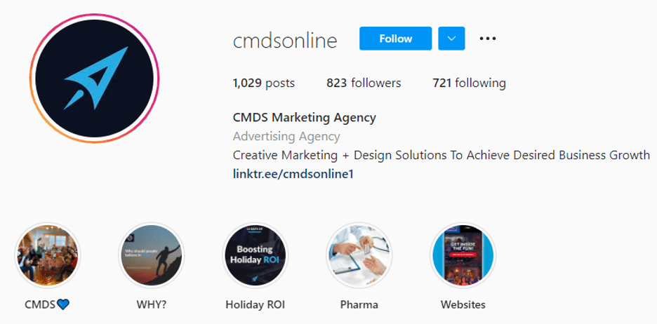 This is an image of the CMDS Instagram profile with the bio, link and stories all organized.