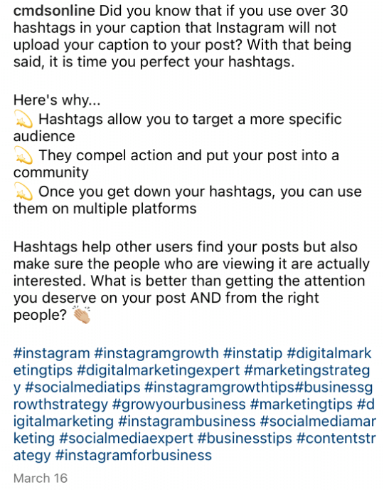 This is a caption of a CMDS post on Instagram which explains why using more than 30 hashtags is bad for your account.