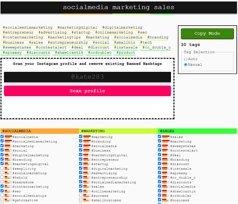 This is an image of the Display Purposes website with the keywords “social media,” “marketing,” and “sales” being used to search for hashtags