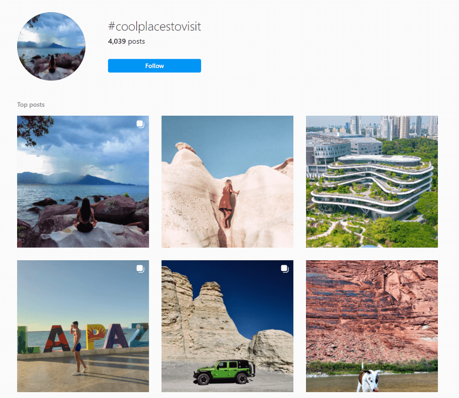 The search result of a hashtag called #coolplacestovisit. It showcases six of the most popular posts.