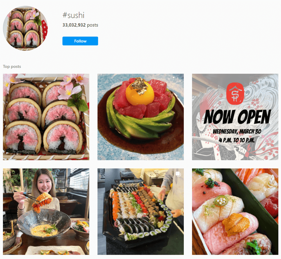 This is an image of an Instagram search for #sushi. There are 6 of the featured posts which vary from sushi dishes to people eating sushi.