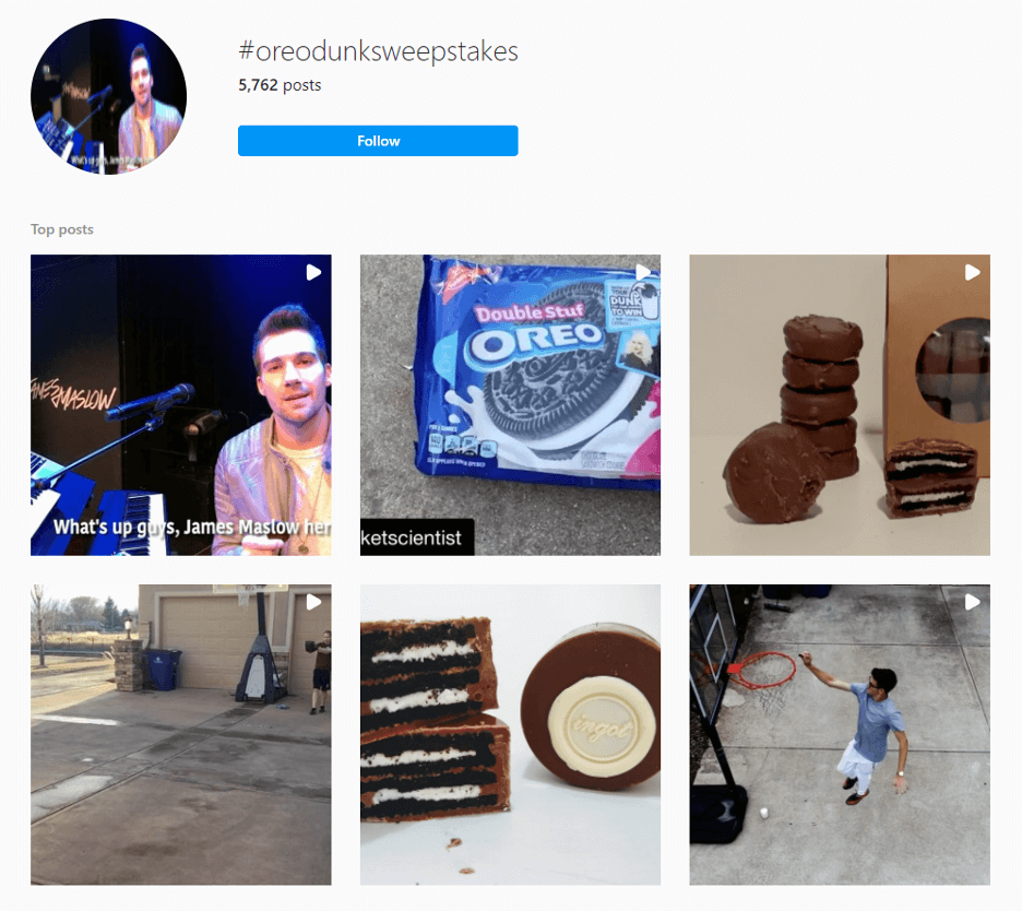 The search result of the branded hashtag called #oreodunksweepstakes with six of the top posts showcased.