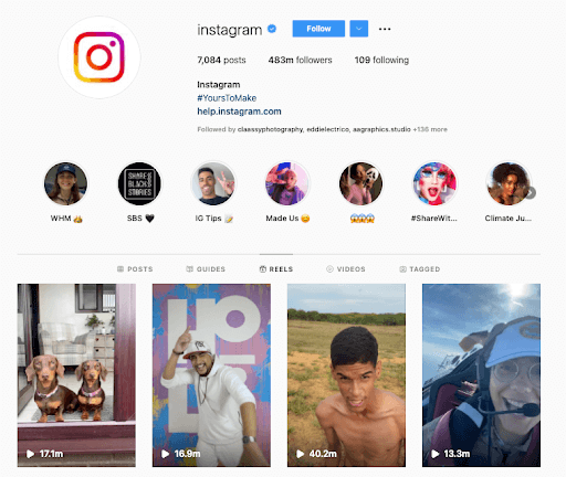 This is a screenshot of the official Instagram account. The profile is located towards the top and there are four reels below.