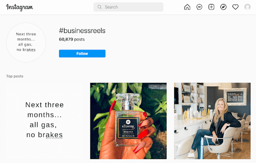 This is a screenshot of the #businessreels hashtag on Instagram. Above it states that there are 60,879 posts and below there are three images.