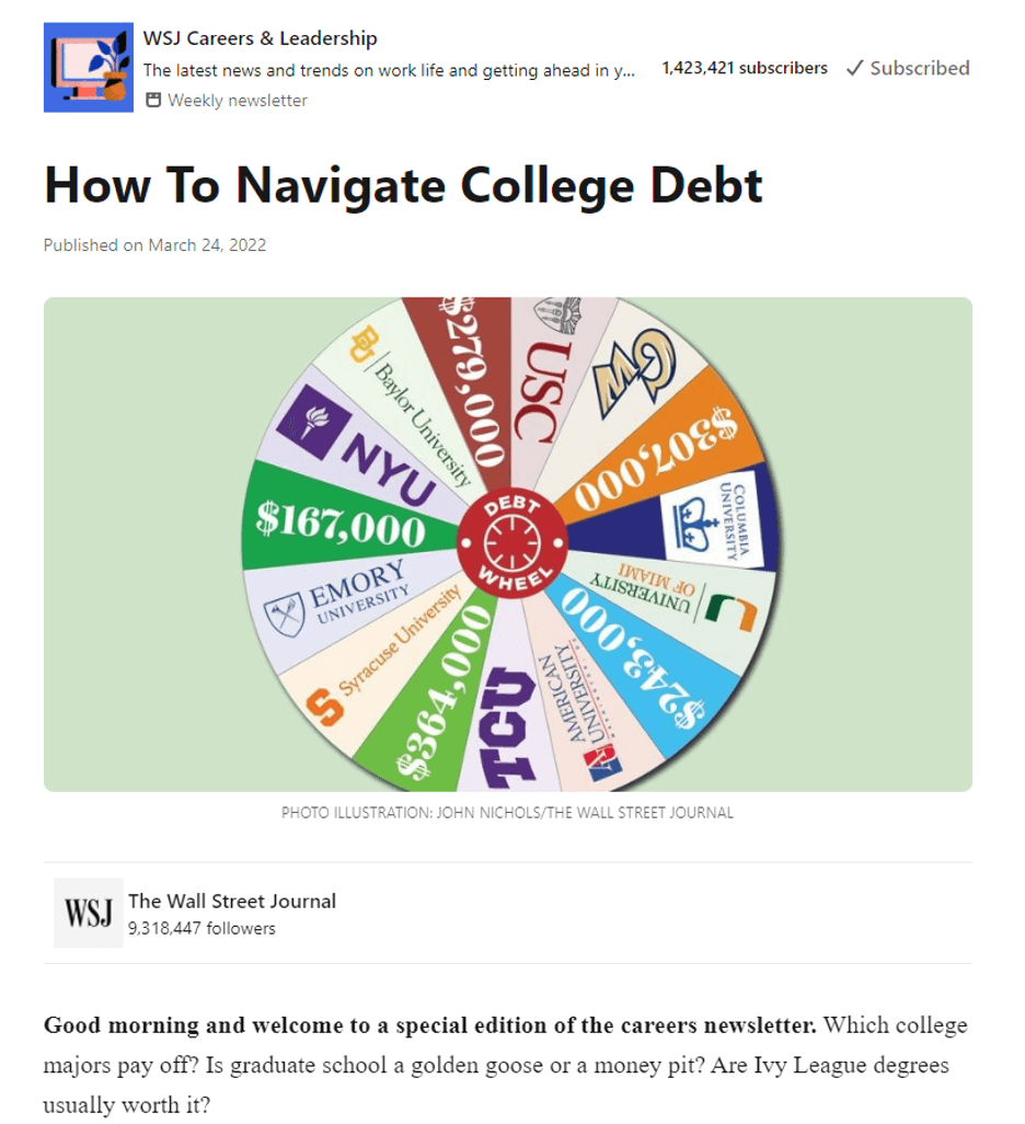 This is a screenshot of a LinkedIn newsletter with the title of “How to navigate college debt.”