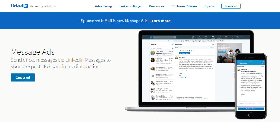 This is an image of the LinkedIn InMail Marketing Page. It shows you how the service works on both mobile and PC.