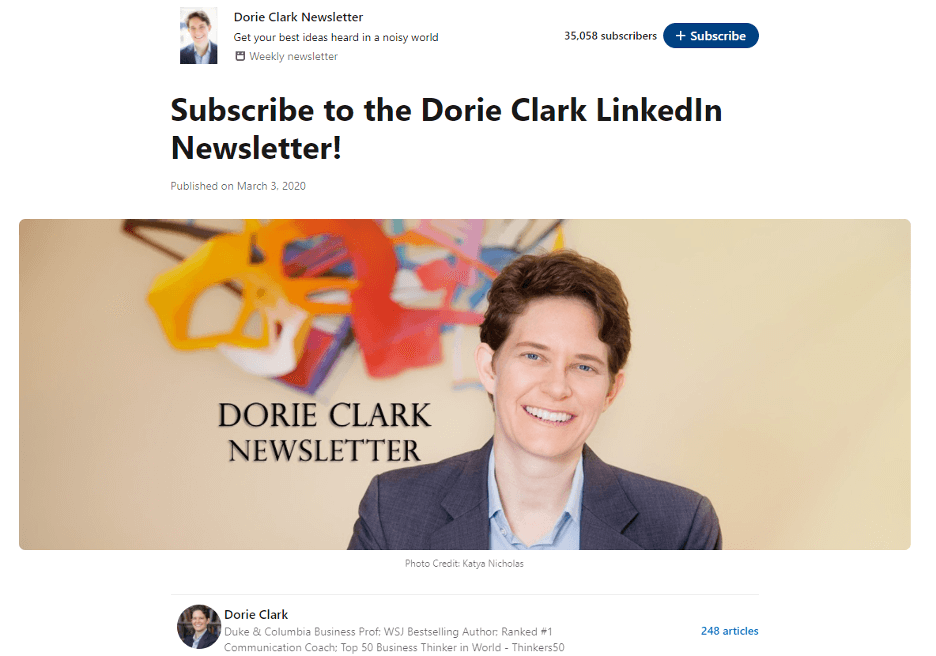 This is an image of a weekly LinkedIn newsletter page from Dorie Clark.