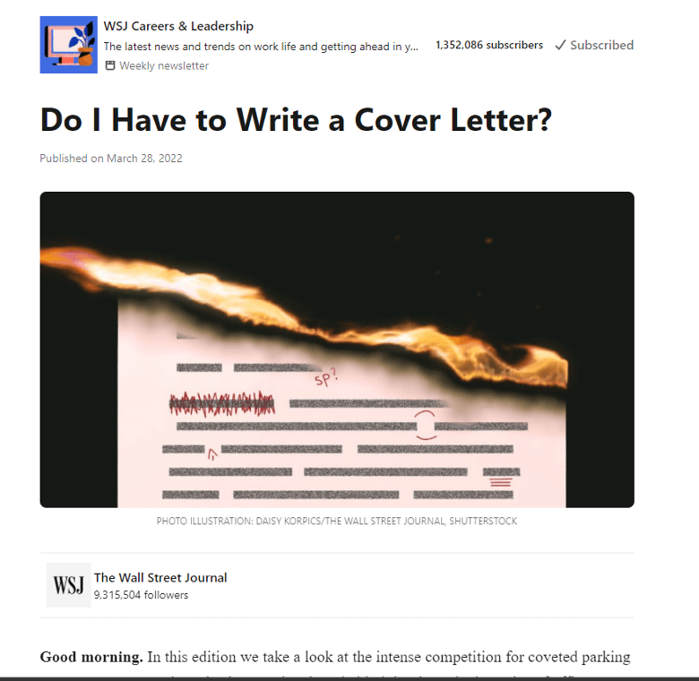 This is an image of a LinkedIn Newsletter talking about the importance of writing a cover letter.