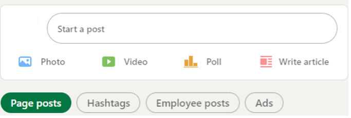 This is an image of a section of a LinkedIn business profile that shows the different post options available, like “write article.”