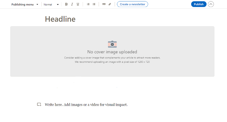 LinkedIn’s content creation tool with a new article page all blank that encourages the user to start writing.