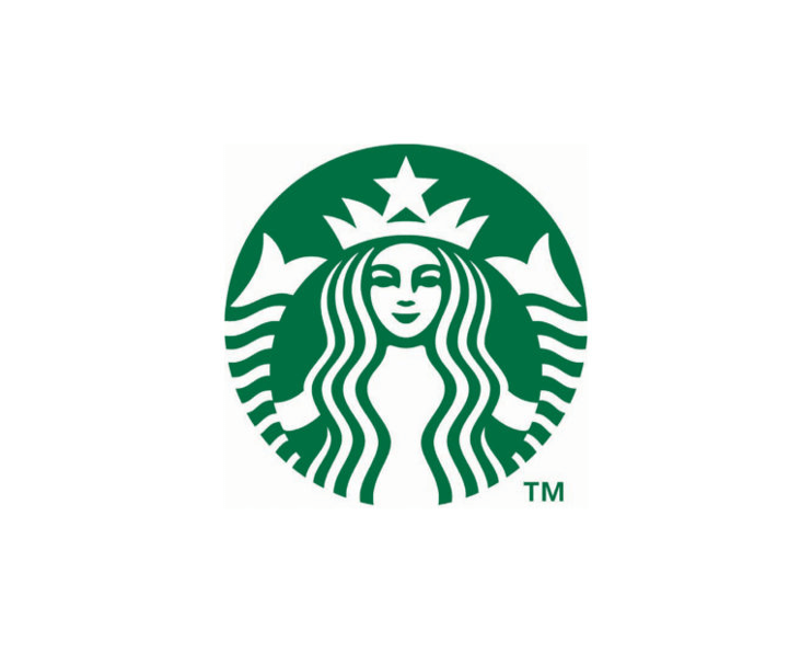 This is an image of the Starbucks logo. It is an image of a smiling mermaid with long wavy hair and two fishtails. She wears a crown with a star on it.