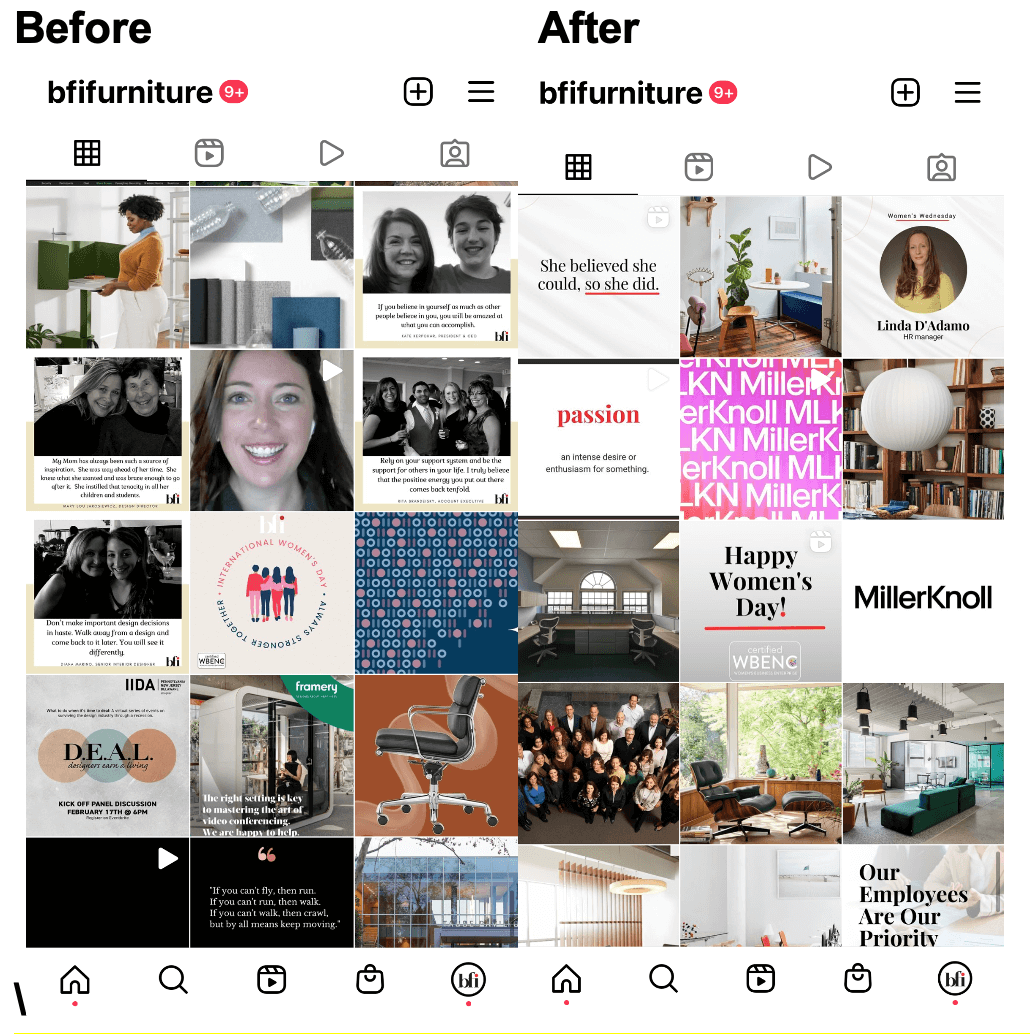 There are two Instagram grids filled with pictures side-by-side. They show what the grid for BFI looked before and after.