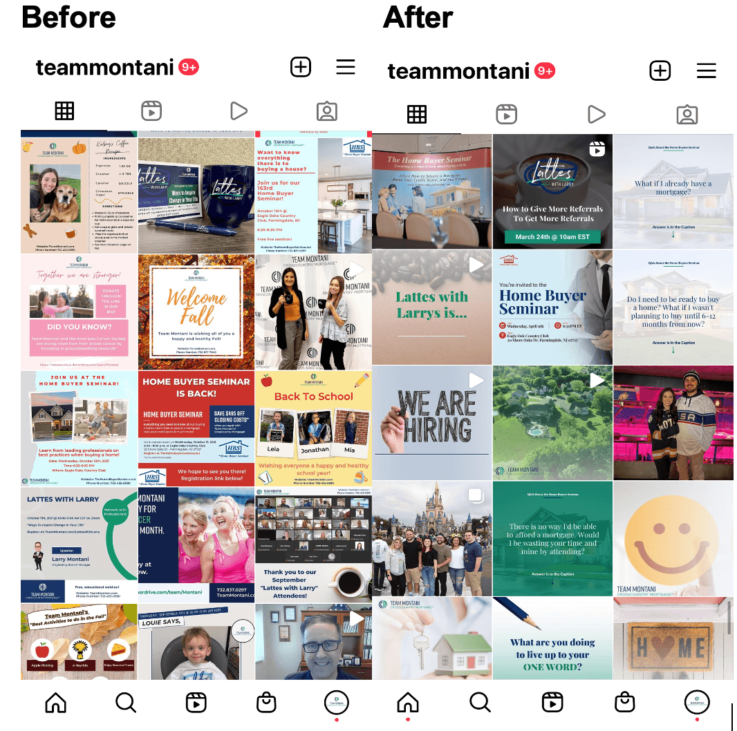 There are two Instagram grids filled with pictures side-by-side. They show what the grid for Team Montani looked before and after.