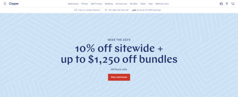 This is an image of Casper’s website with a promotion of ten percent off extra savings on bundles.