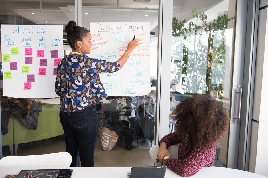 Two digital marketers discuss a client’s customer journey while one of them jots down notes on white paper.