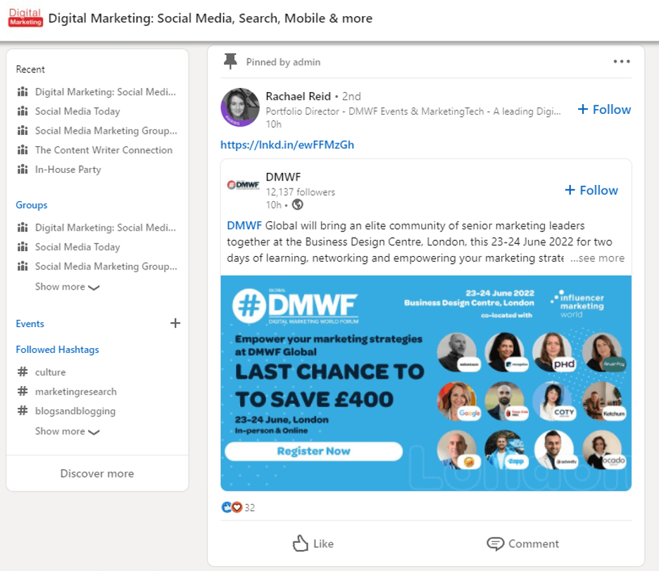 This is an image of a LinkedIn group focused on digital marketing. There is a pinned post about a networking event.