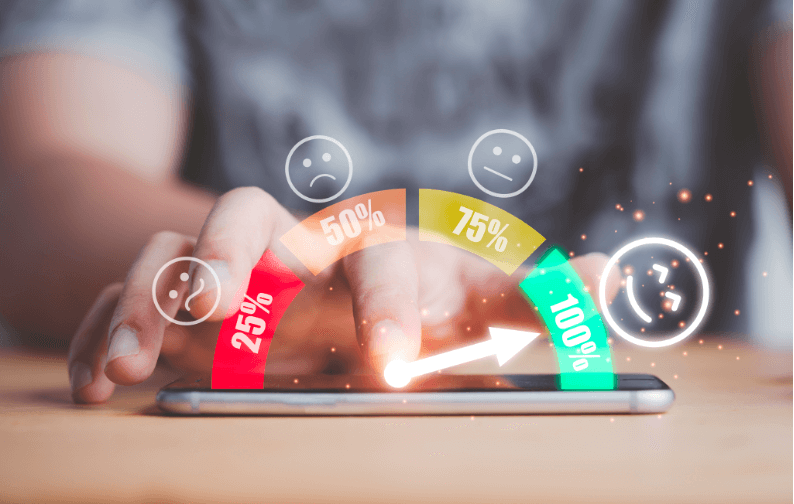 This is an image of a customer satisfaction survey meter. The arrow points to 100% and there is a happy face which implies complete satisfaction.