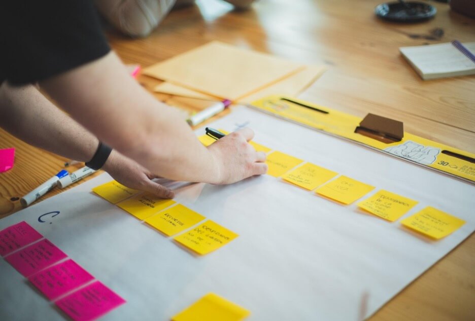 A social media company marketer plans a new content calendar with yellow sticky notes. 