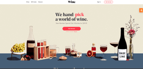 This is an image of Winc’s homepage with wine bottles and ingredients for different types of wine.