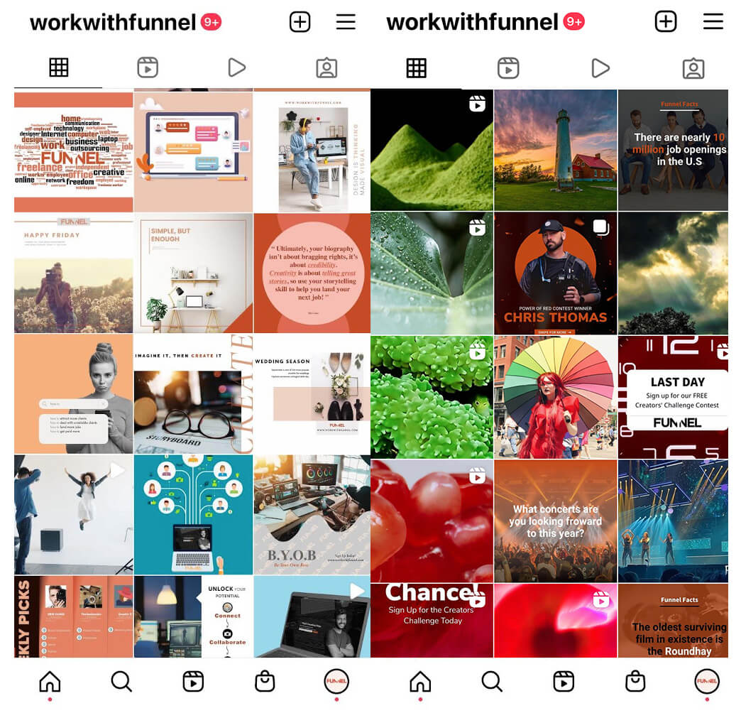 There are two Instagram grids filled with pictures side-by-side. They show what the grid for Funnel looked before and after.