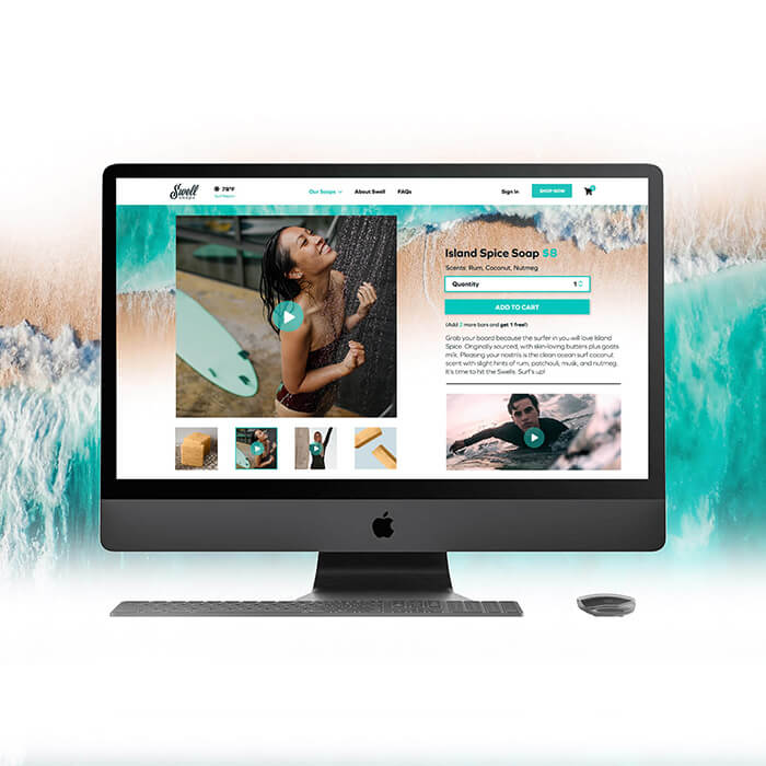This is an image of a computer monitor that displays a brand with a beachy theme. There are several images that focus on soap and the sea.