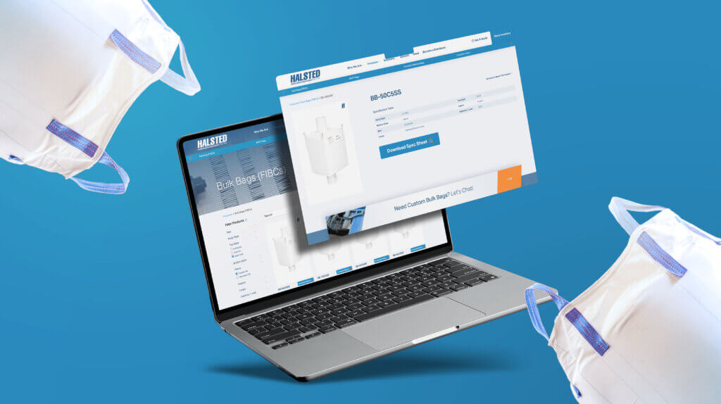 B2B manufacturer website design shown on a laptop with product pages for bulk bags